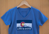 LIFE IS GOOD Ladies Colorado Flag Vintage Blue Crusher Vee